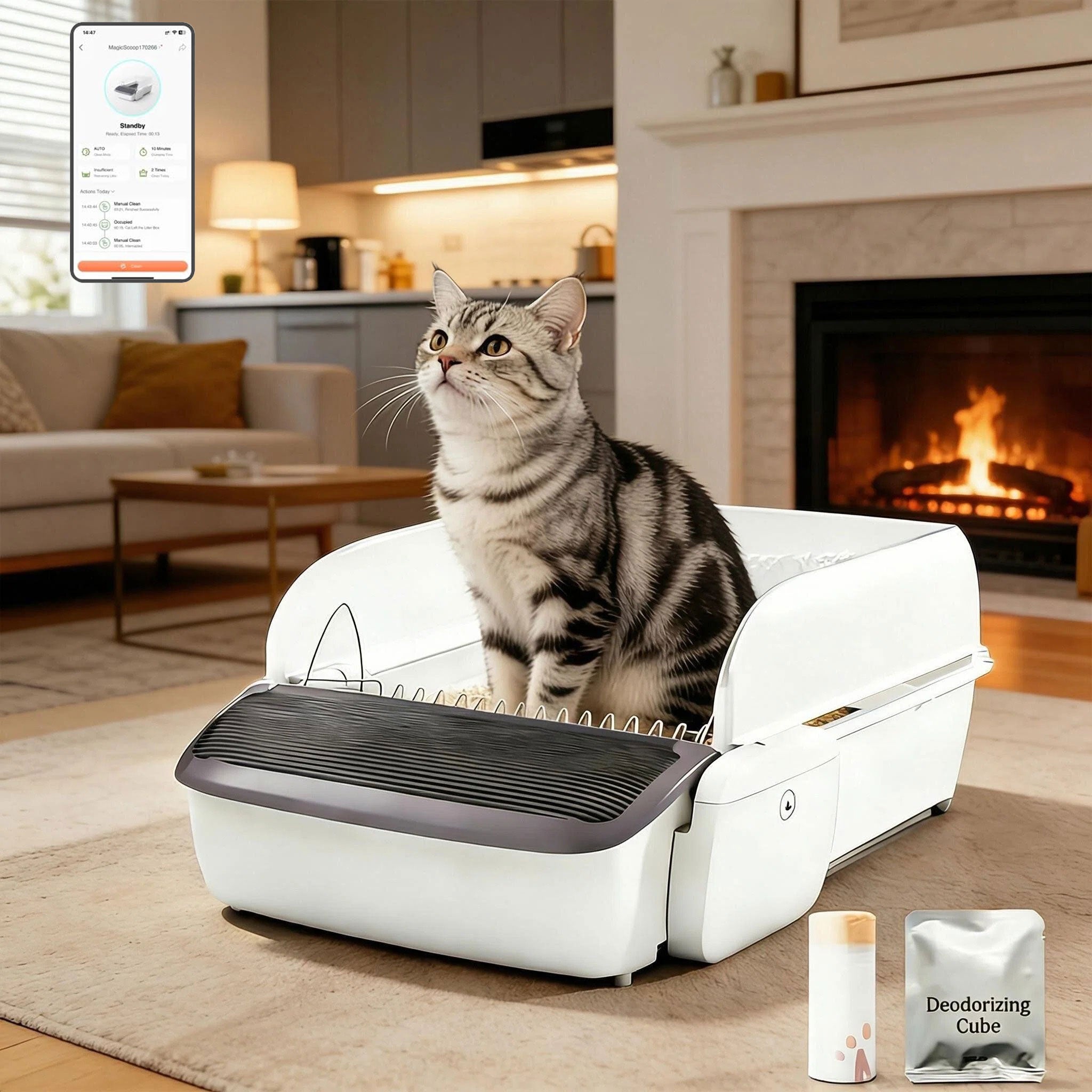 Mobbycalico Self-Cleaning Automatic Cat Litter Box for Multiple Cats, 7L Extra Large with App Control/Safety Anti-Pinching Design/Dual Deodorization Open-top Litter Box with Waste Bag/Deodorizer