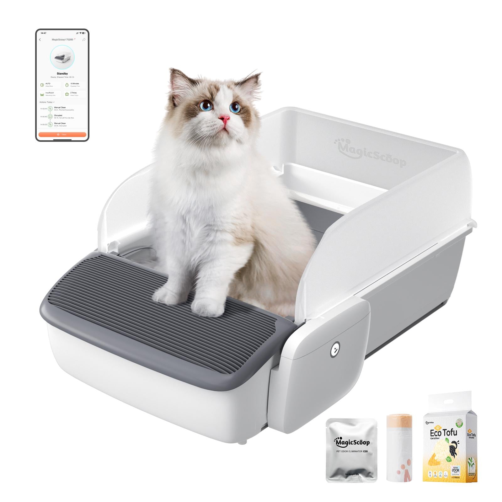 Mobbycalico Self-Cleaning Automatic Cat Litter Box for Multiple Cats, 7L Extra Large with App Control/Safety Anti-Pinching Design/Dual Deodorization Open-top Litter Box with Waste Bag/Deodorizer